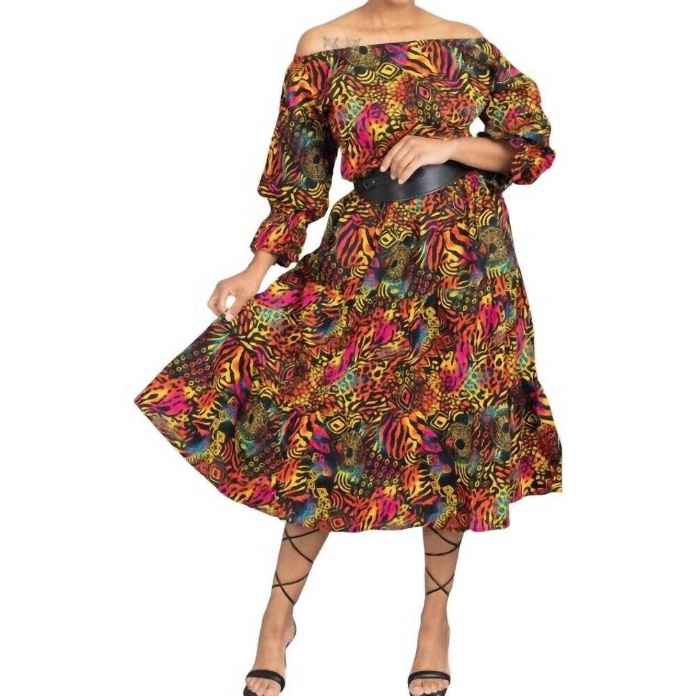 NEW KARA CHIC off-shoulder midi dress in brown multi
